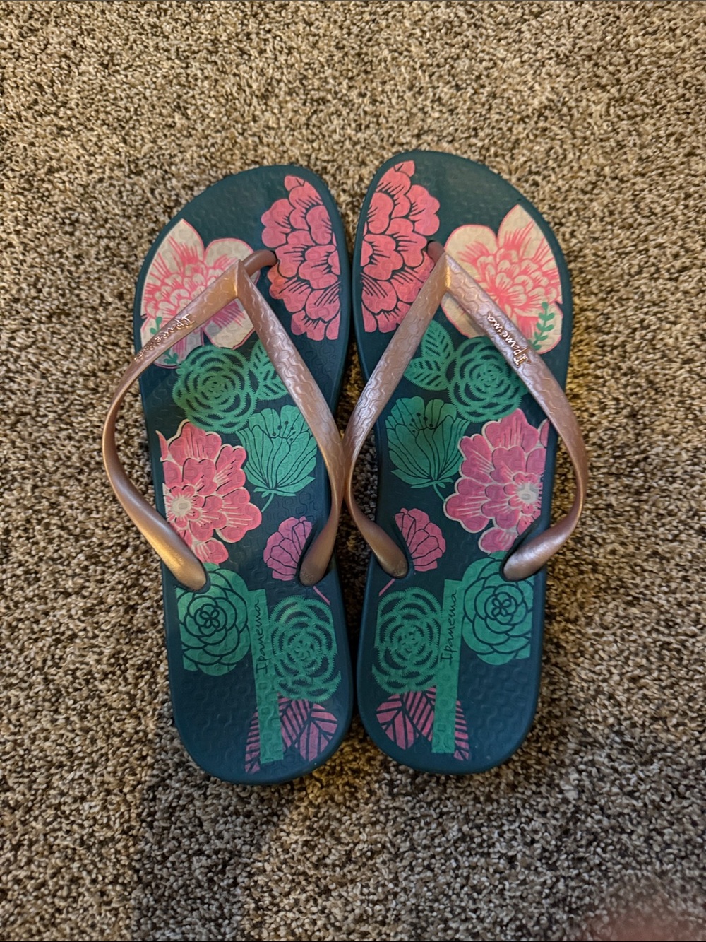 Ipanema Floral Print Flip Flops with Rose Gold Straps